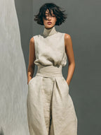 Fiorella™ | Completo minimalista composto da blusa senza maniche e pantaloni a gamba larga in cotone e lino per donna