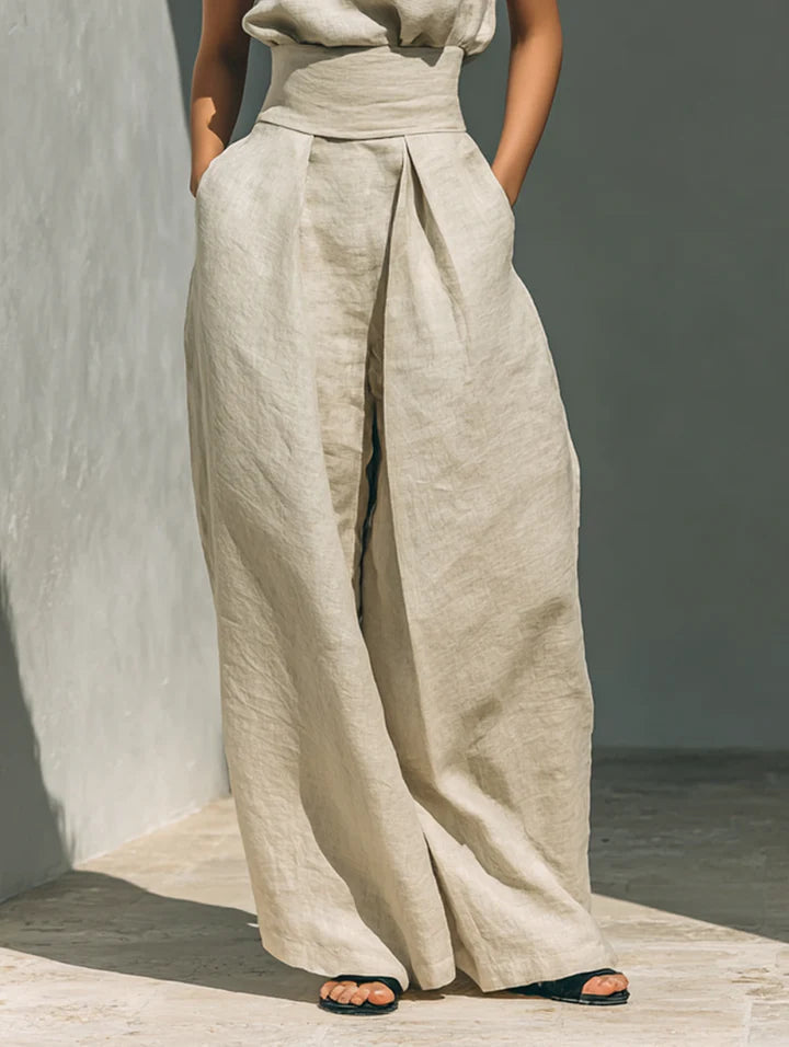 Fiorella™ | Completo minimalista composto da blusa senza maniche e pantaloni a gamba larga in cotone e lino per donna