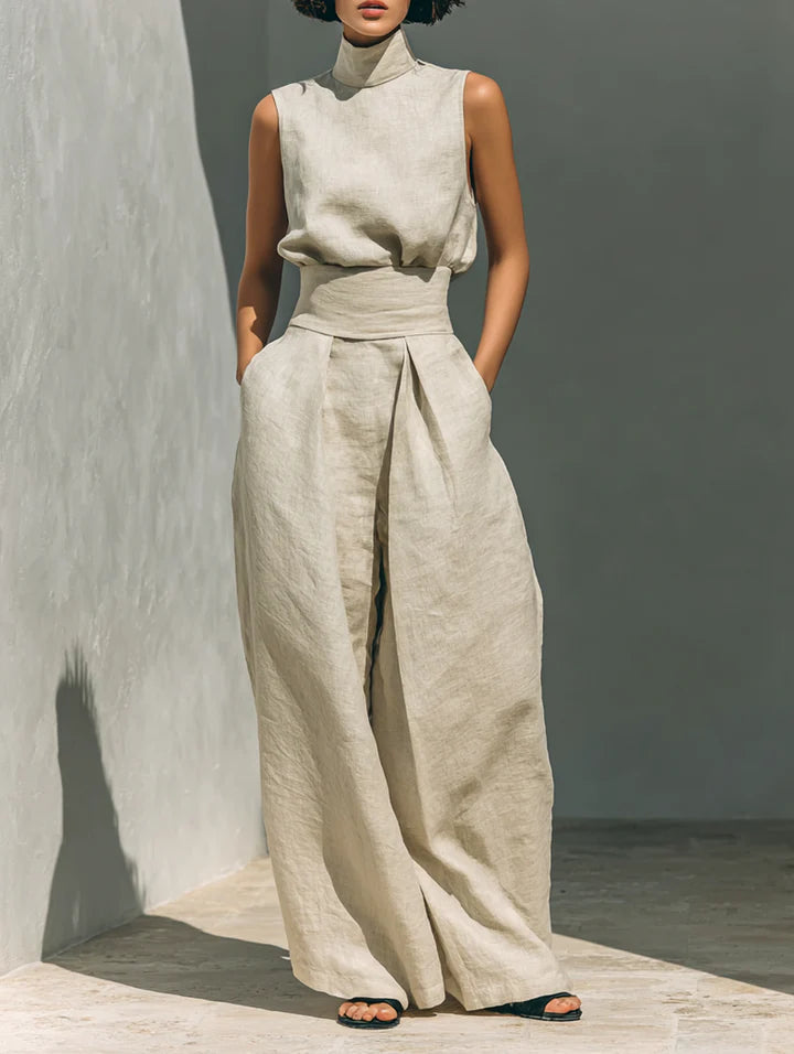 Fiorella™ | Completo minimalista composto da blusa senza maniche e pantaloni a gamba larga in cotone e lino per donna