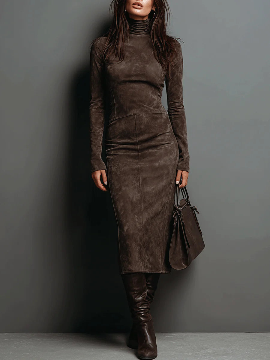 ILARIA | ABITO MIDI IN CAMOSCIO CON COLLO ALTO E MANICHE LUNGHE
