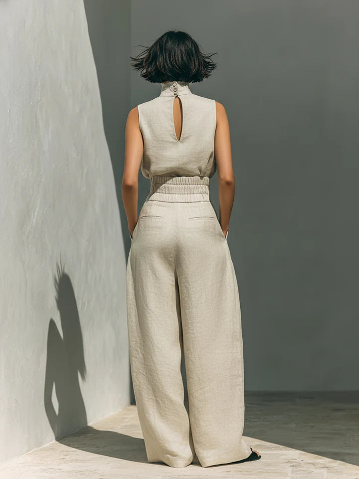 Fiorella™ | Completo minimalista composto da blusa senza maniche e pantaloni a gamba larga in cotone e lino per donna