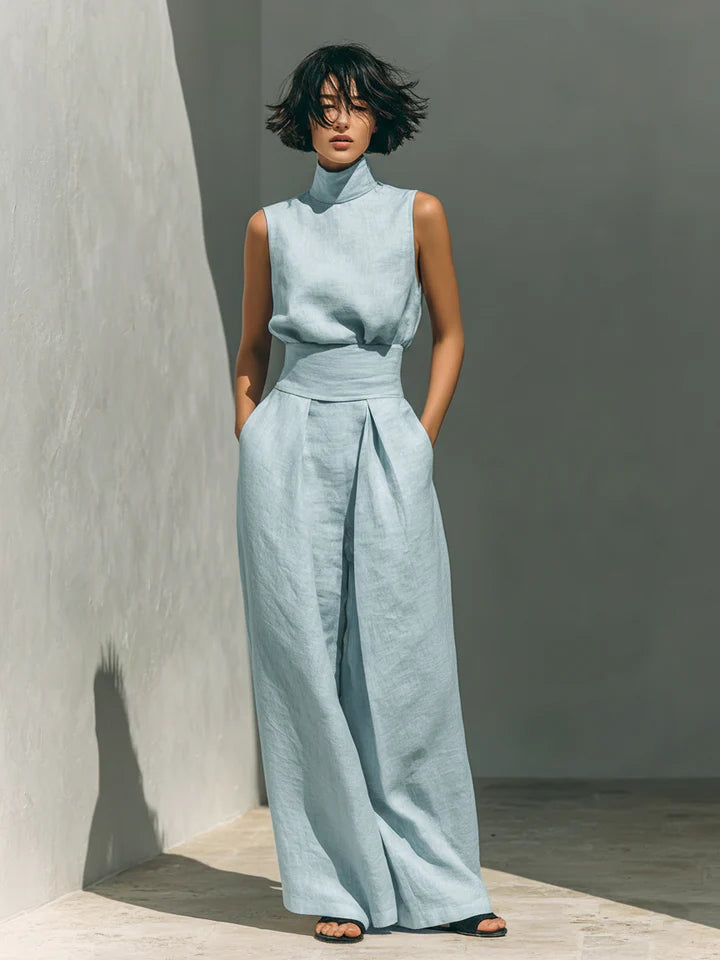 Fiorella™ | Completo minimalista composto da blusa senza maniche e pantaloni a gamba larga in cotone e lino per donna