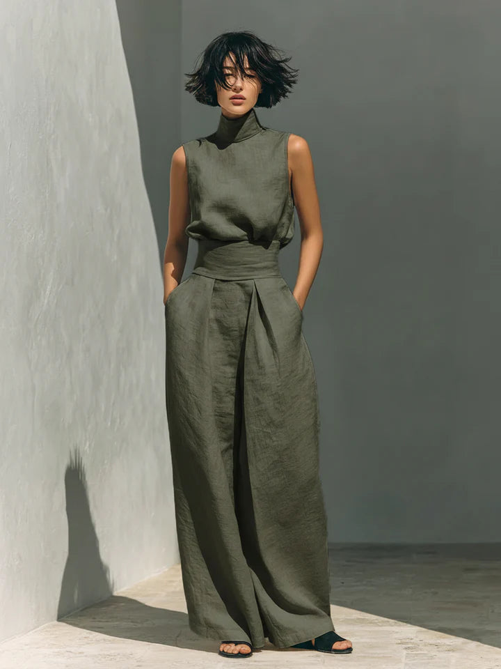 Fiorella™ | Completo minimalista composto da blusa senza maniche e pantaloni a gamba larga in cotone e lino per donna