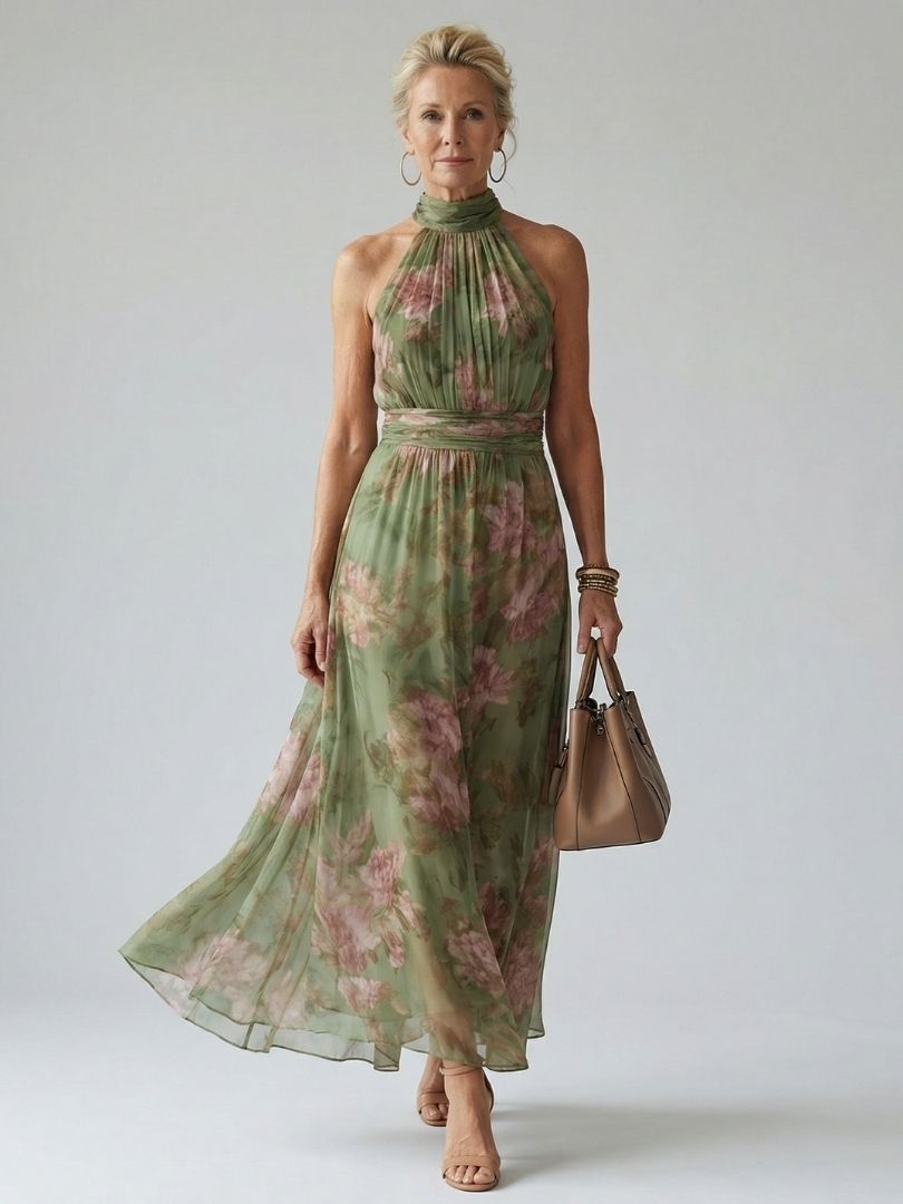 Mirella | Abito midi con scollo all'americana e arricciature