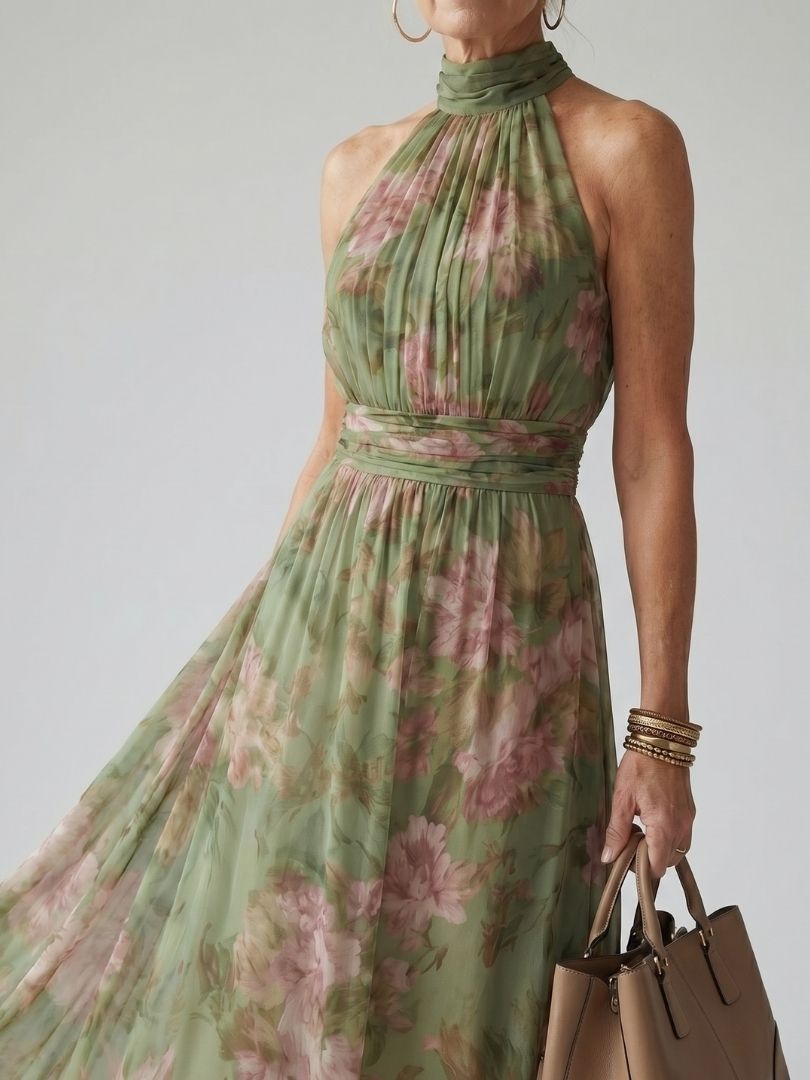 Mirella | Abito midi con scollo all'americana e arricciature