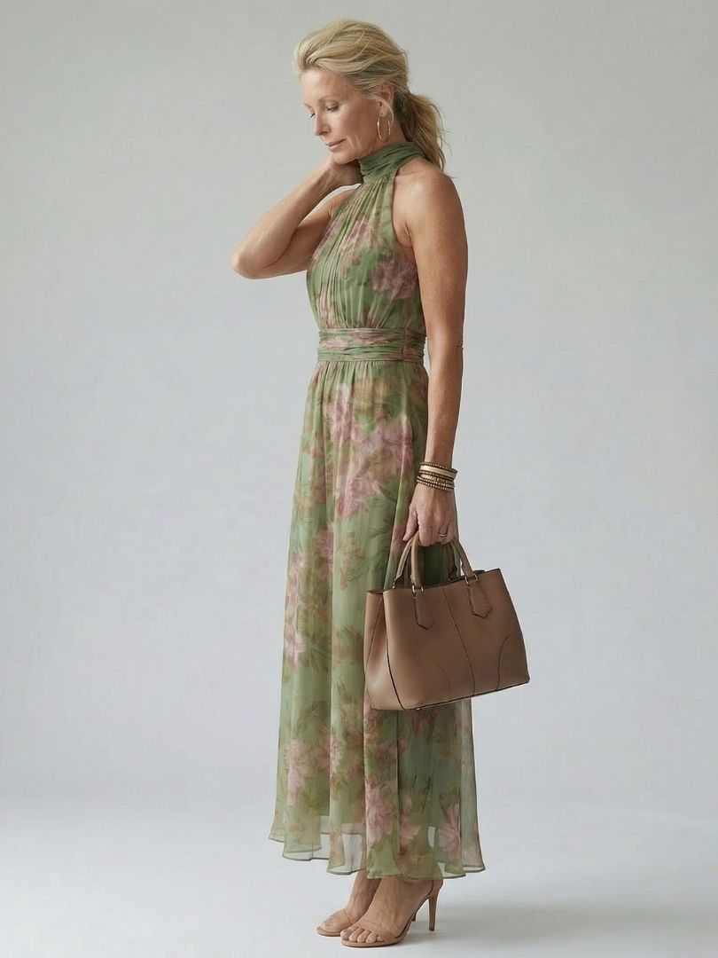 Mirella | Abito midi con scollo all'americana e arricciature