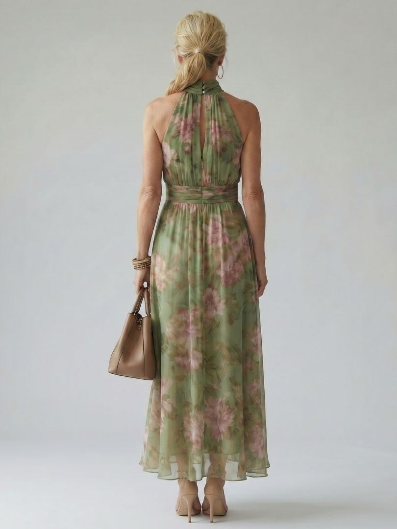 Mirella | Abito midi con scollo all'americana e arricciature