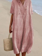 Sandra | Abito Casual con Trama in Lino e Scollo a V