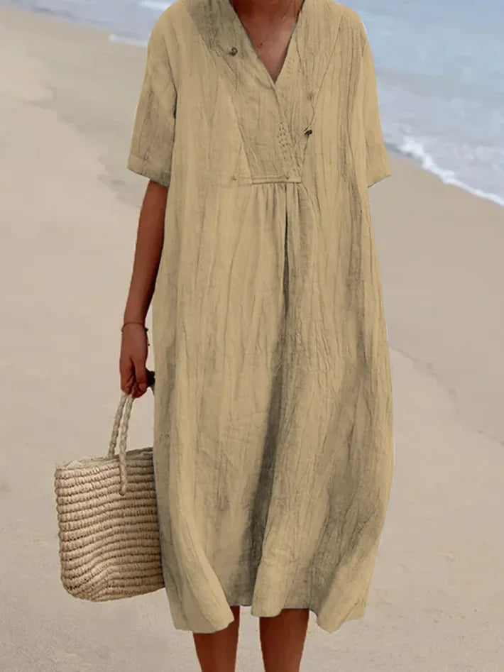 Sandra | Abito Casual con Trama in Lino e Scollo a V