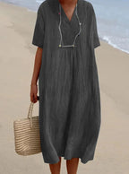 Sandra | Abito Casual con Trama in Lino e Scollo a V