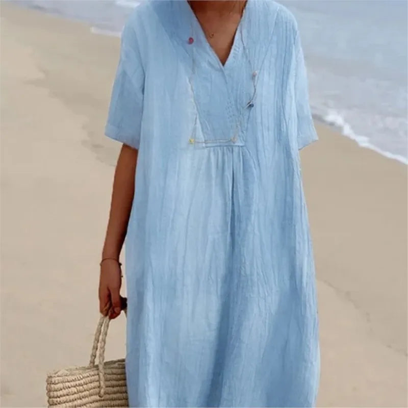 Sandra | Abito Casual con Trama in Lino e Scollo a V