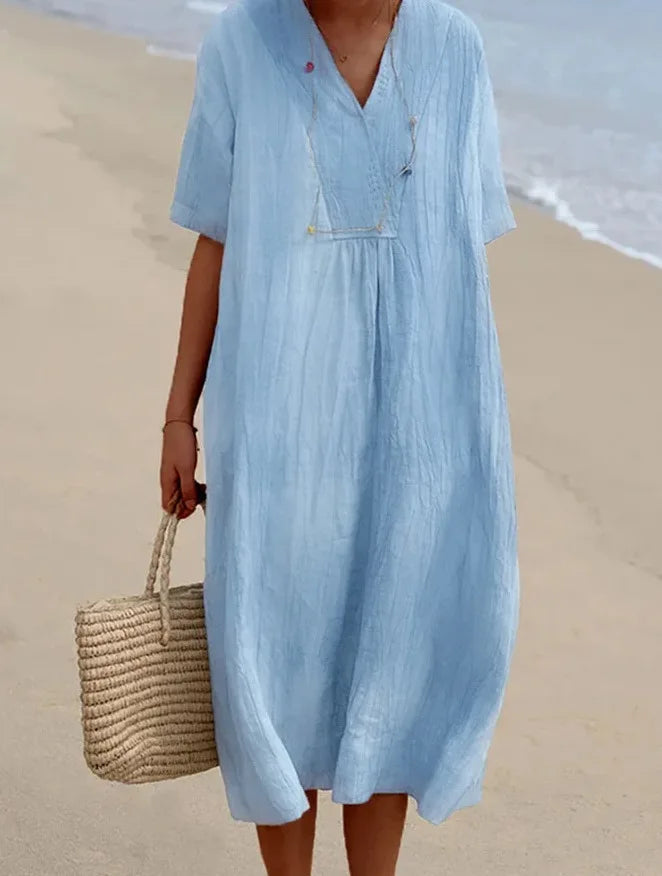 Sandra | Abito Casual con Trama in Lino e Scollo a V