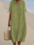 Sandra | Abito Casual con Trama in Lino e Scollo a V