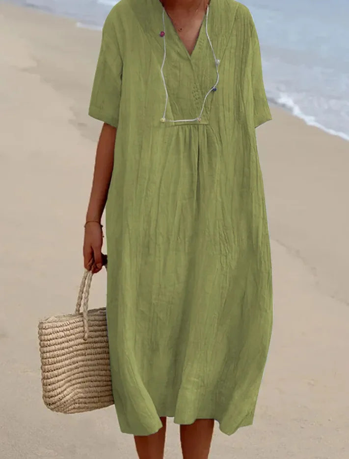 Sandra | Abito Casual con Trama in Lino e Scollo a V