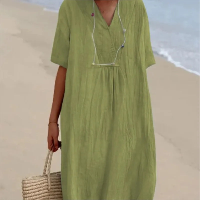 Sandra | Abito Casual con Trama in Lino e Scollo a V