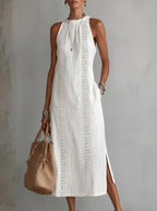 Simona | Abito midi in lino con collo mao