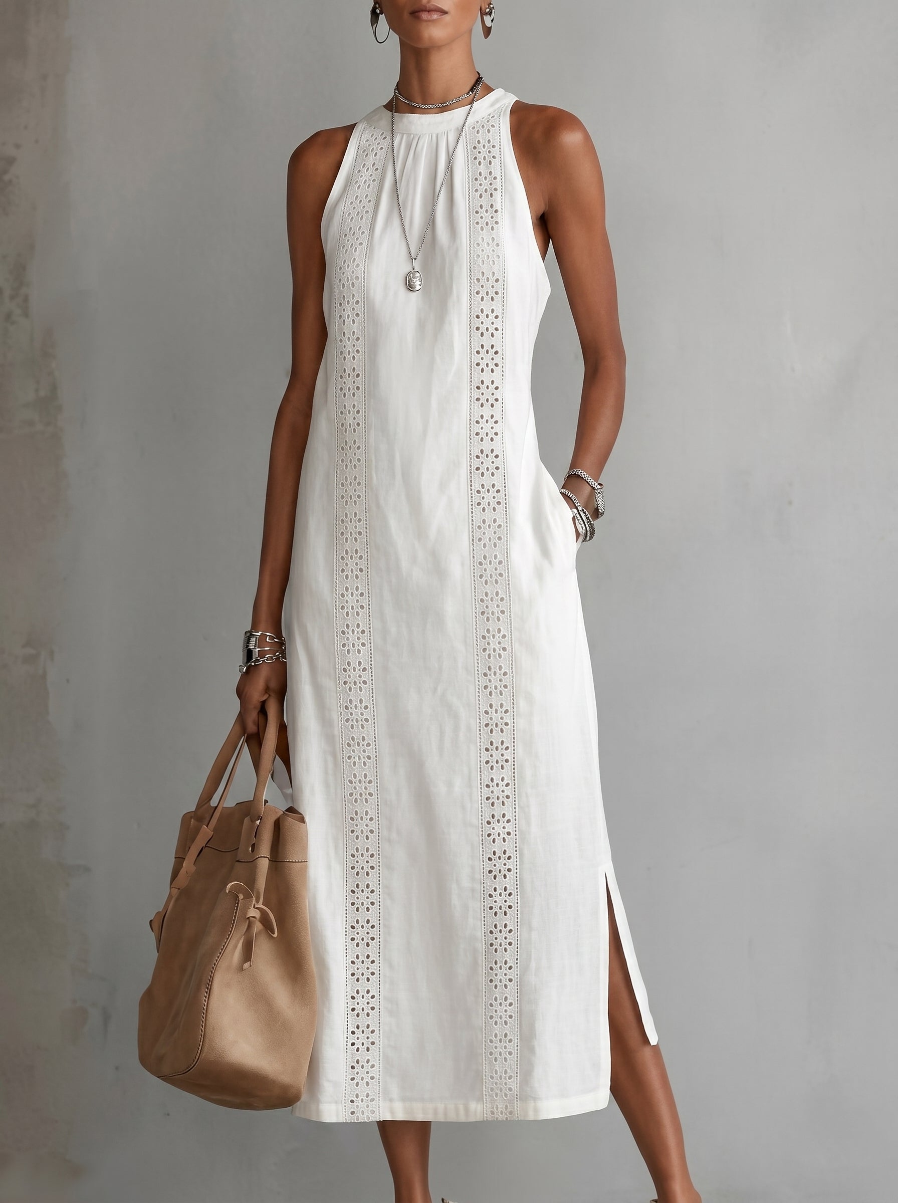 Simona | Abito midi in lino con collo mao