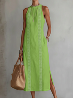Simona | Abito midi in lino con collo mao