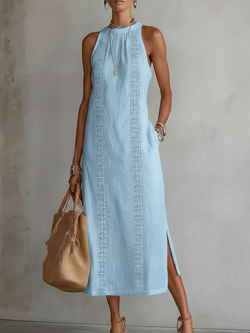 Simona | Abito midi in lino con collo mao