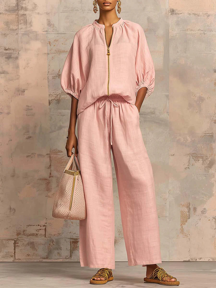Alba | Completo due pezzi in lino e cotone: camicia dal taglio rilassato e pantaloni a gamba larga