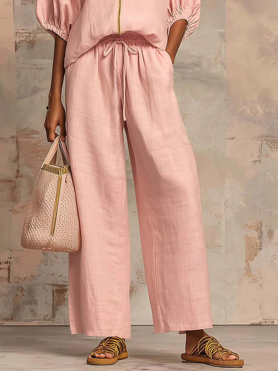 Alba | Completo due pezzi in lino e cotone: camicia dal taglio rilassato e pantaloni a gamba larga