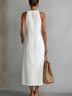 Simona | Abito midi in lino con collo mao