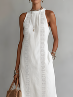 Simona | Abito midi in lino con collo mao