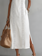 Simona | Abito midi in lino con collo mao