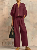 Alba | Completo due pezzi in lino e cotone: camicia dal taglio rilassato e pantaloni a gamba larga