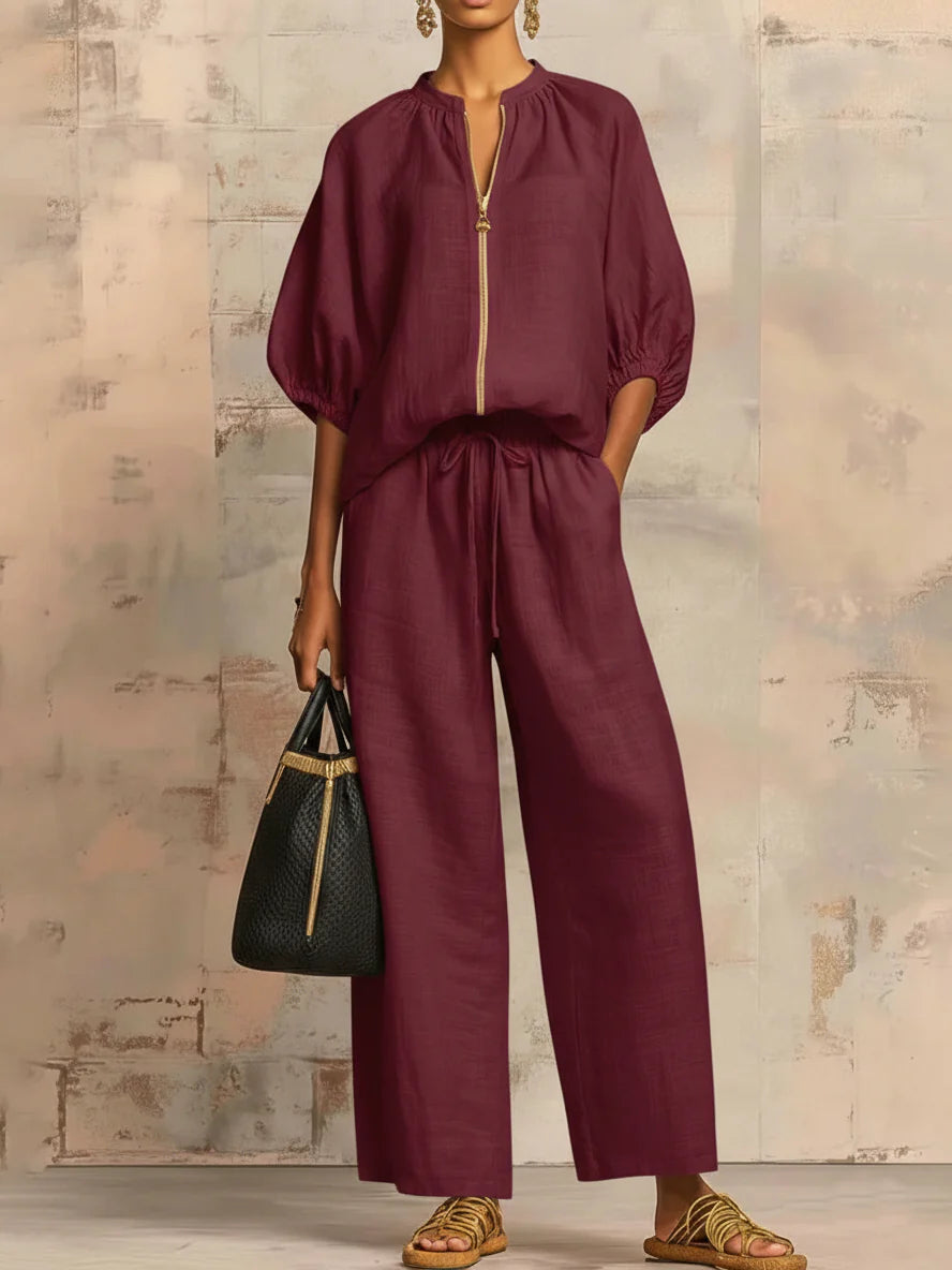 Alba | Completo due pezzi in lino e cotone: camicia dal taglio rilassato e pantaloni a gamba larga
