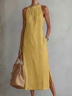 Simona | Abito midi in lino con collo mao