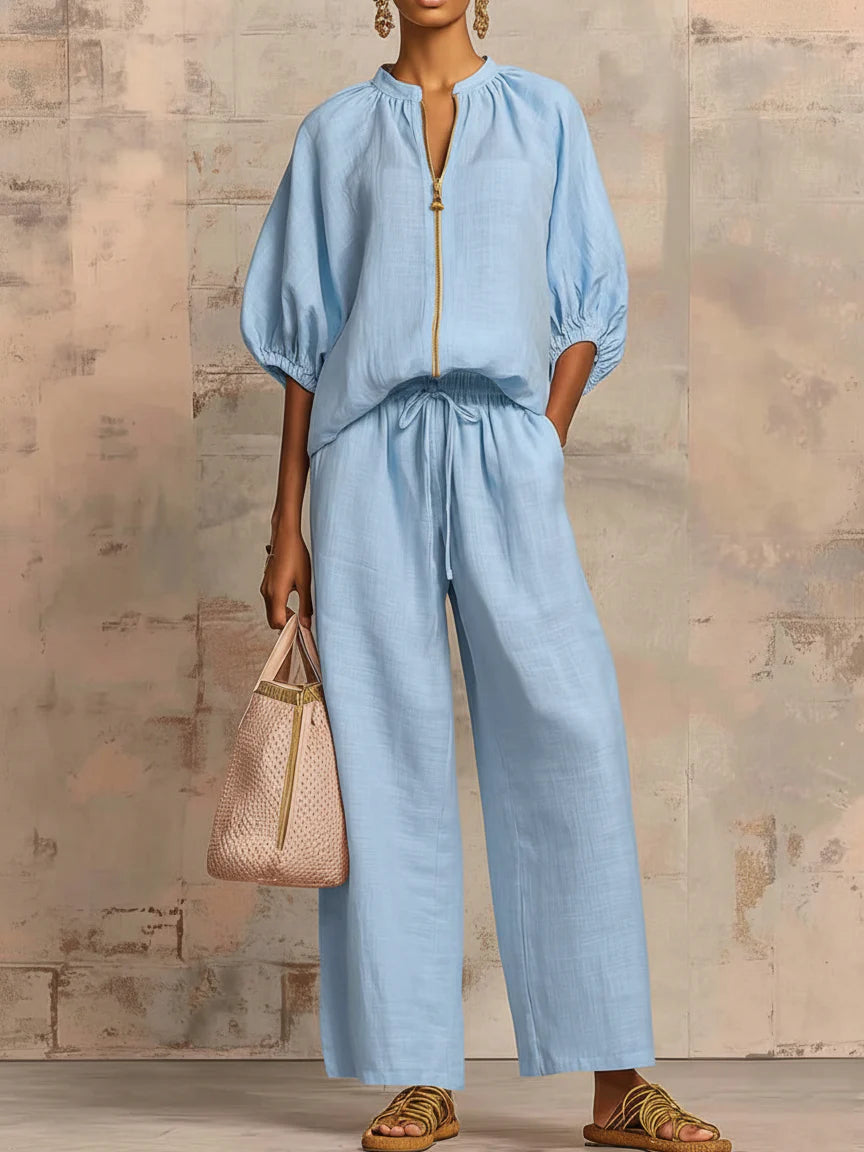 Alba | Completo due pezzi in lino e cotone: camicia dal taglio rilassato e pantaloni a gamba larga
