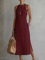 Simona | Abito midi in lino con collo mao