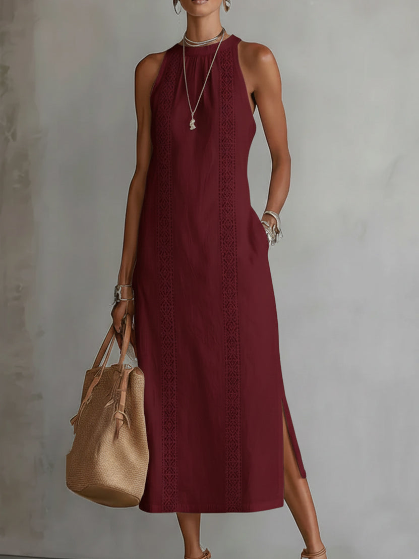 Simona | Abito midi in lino con collo mao