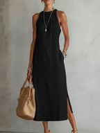 Simona | Abito midi in lino con collo mao