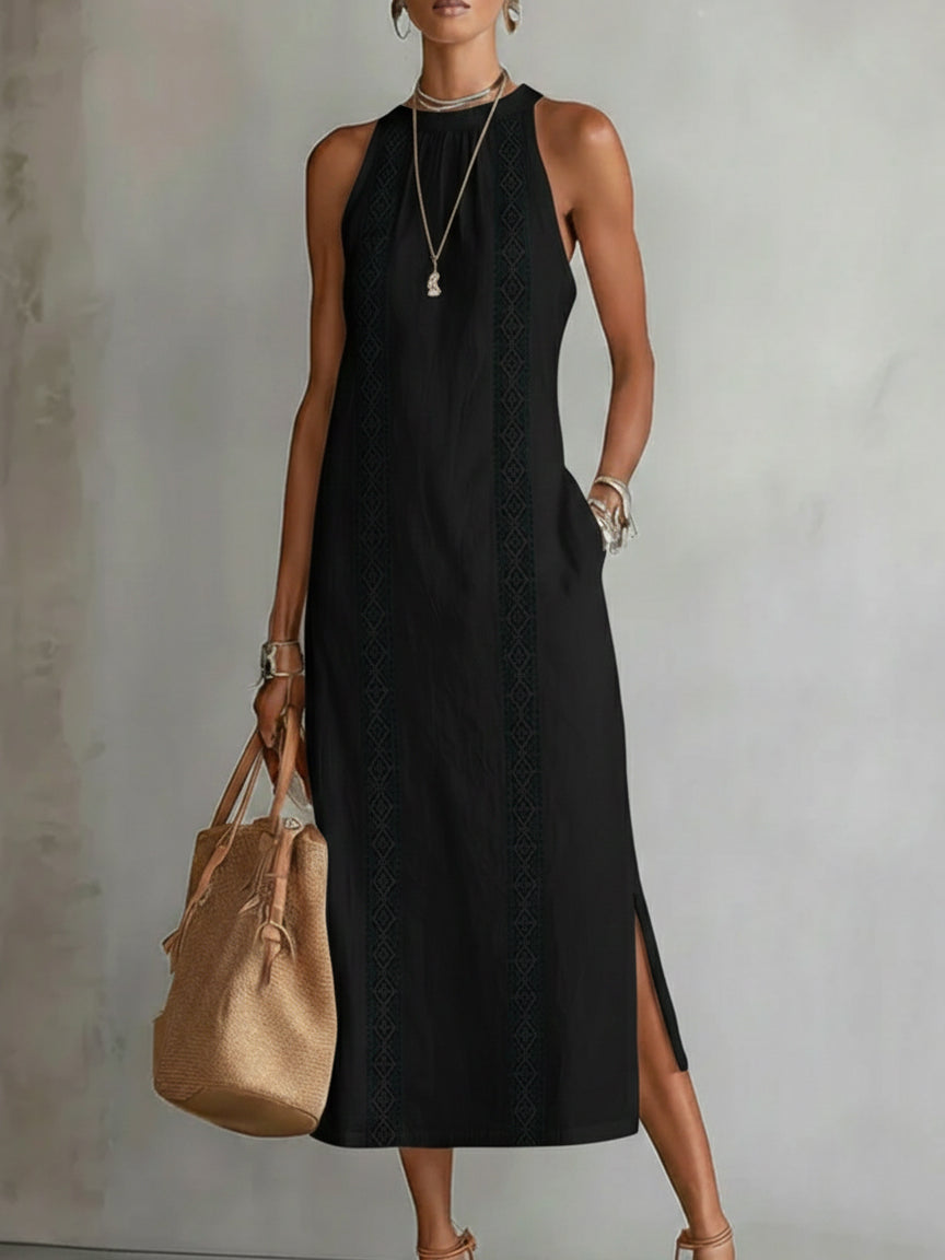 Simona | Abito midi in lino con collo mao